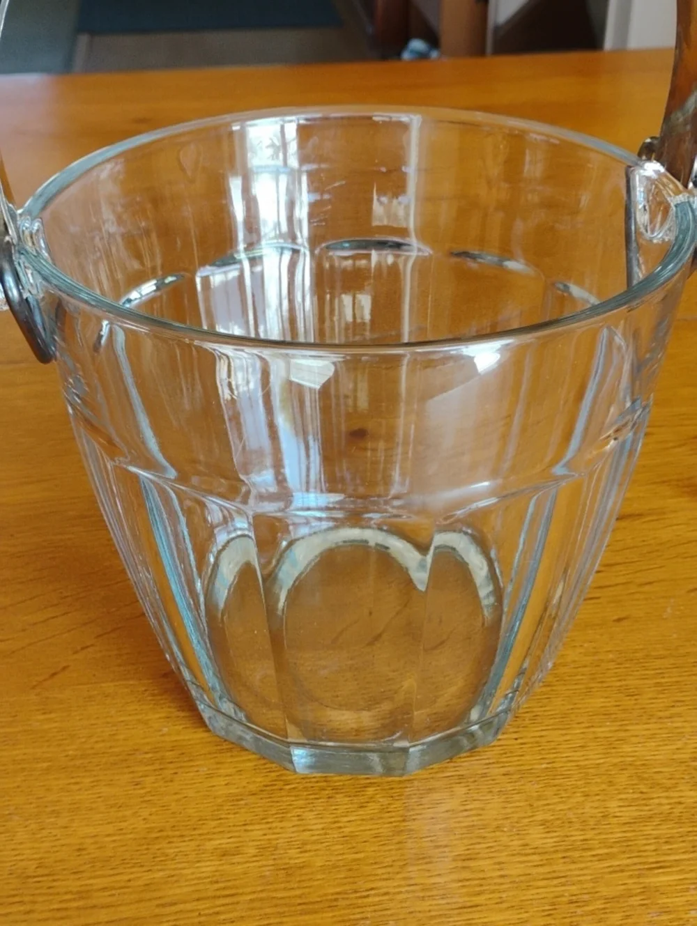 Clear Glass Ice Bucket with Silver Plate Removable Handle & Ice Tong Vtg Barware